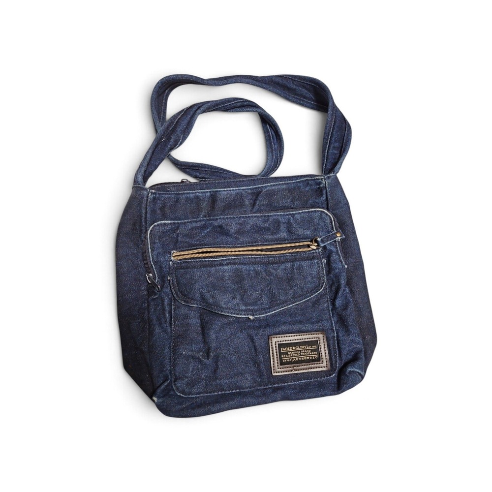 Faded Glory Denim Crossbody Bag Dark Wash Blue Jean Shoulder Purse Multi Pocket
